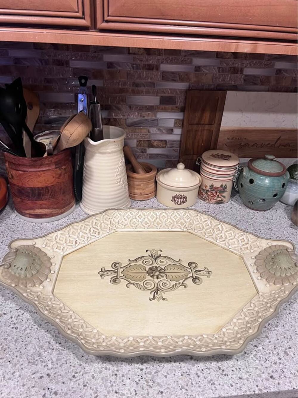 Vintage Resin & Wood tray w intricate handles & embossed border.